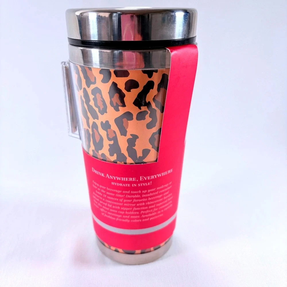 Totes Travel Mug Womens‎ 14oz Orange Leopard Good Rhinestone Mirror Animal Print